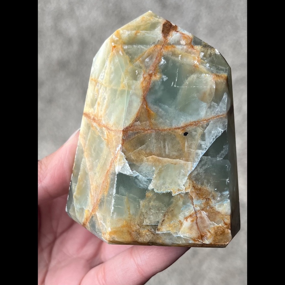 Lemurian Aquatine Calcite/Brazilian Blue Onyx Point (Polished)